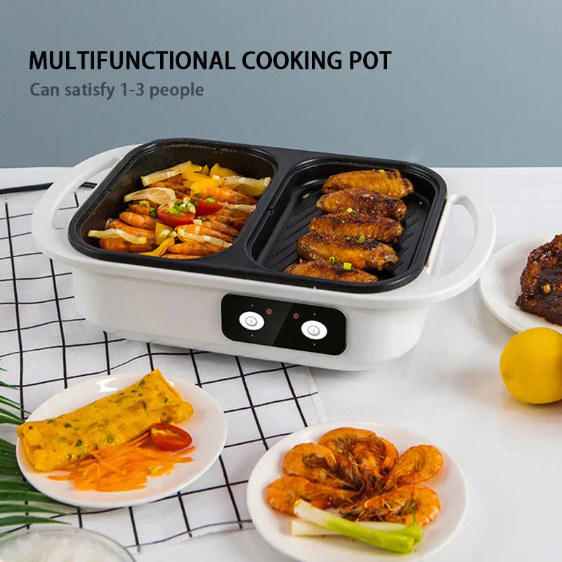 Green and white dual-function electric hot pot and frying oven appliance for 2-3 people