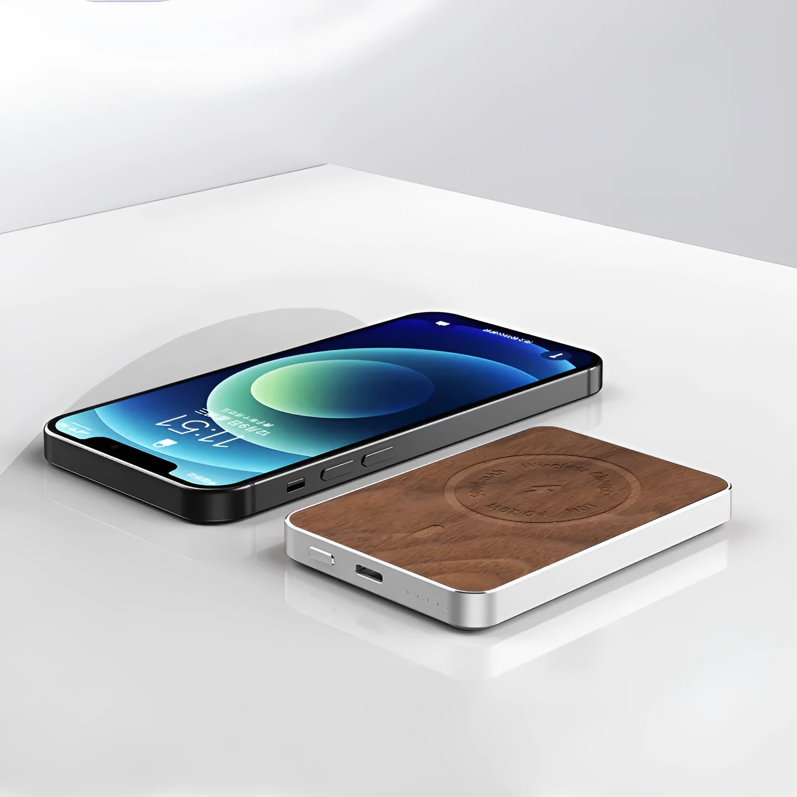 Khaki-coloured aluminium magnetic wireless power bank showing USB port and dimensions.