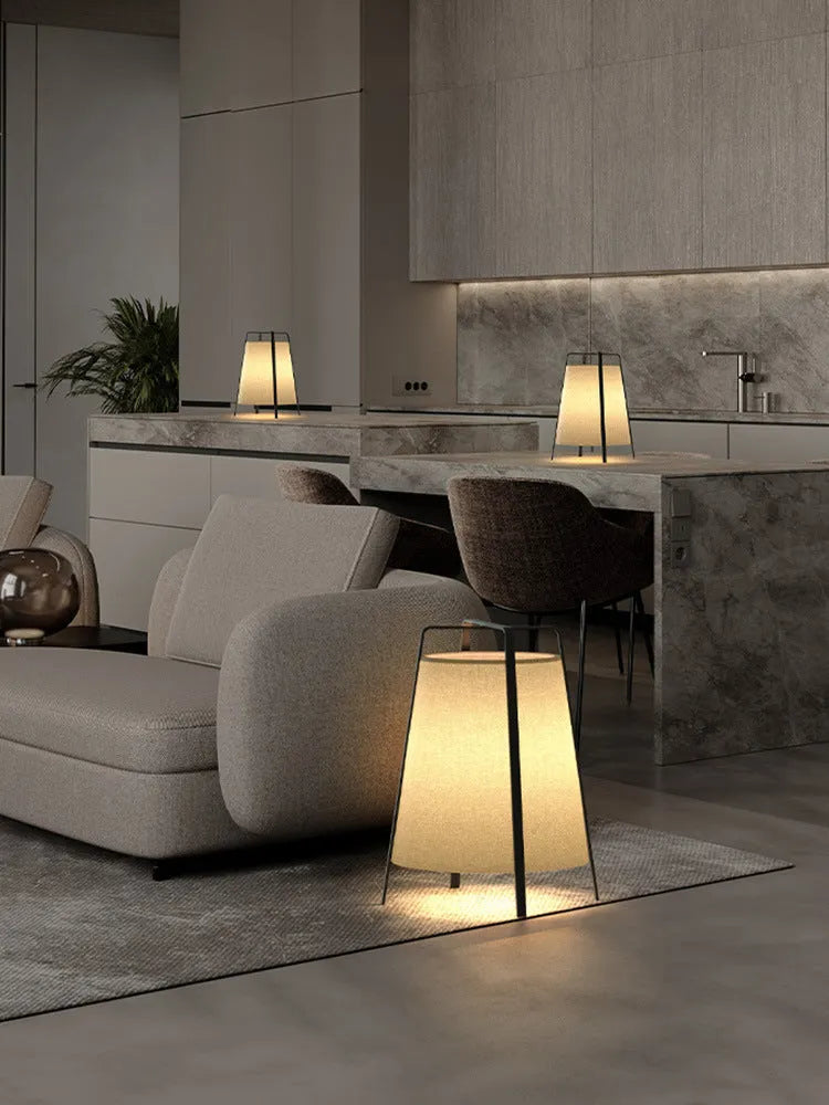 Japanese wabi-sabi floor lamp with cloth shade and iron frame, 220V LED, for living room use