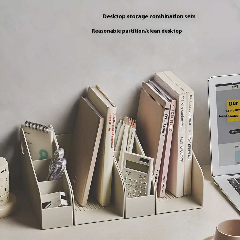 Plastic desktop storage box with two grid compartments in milk coffee colour