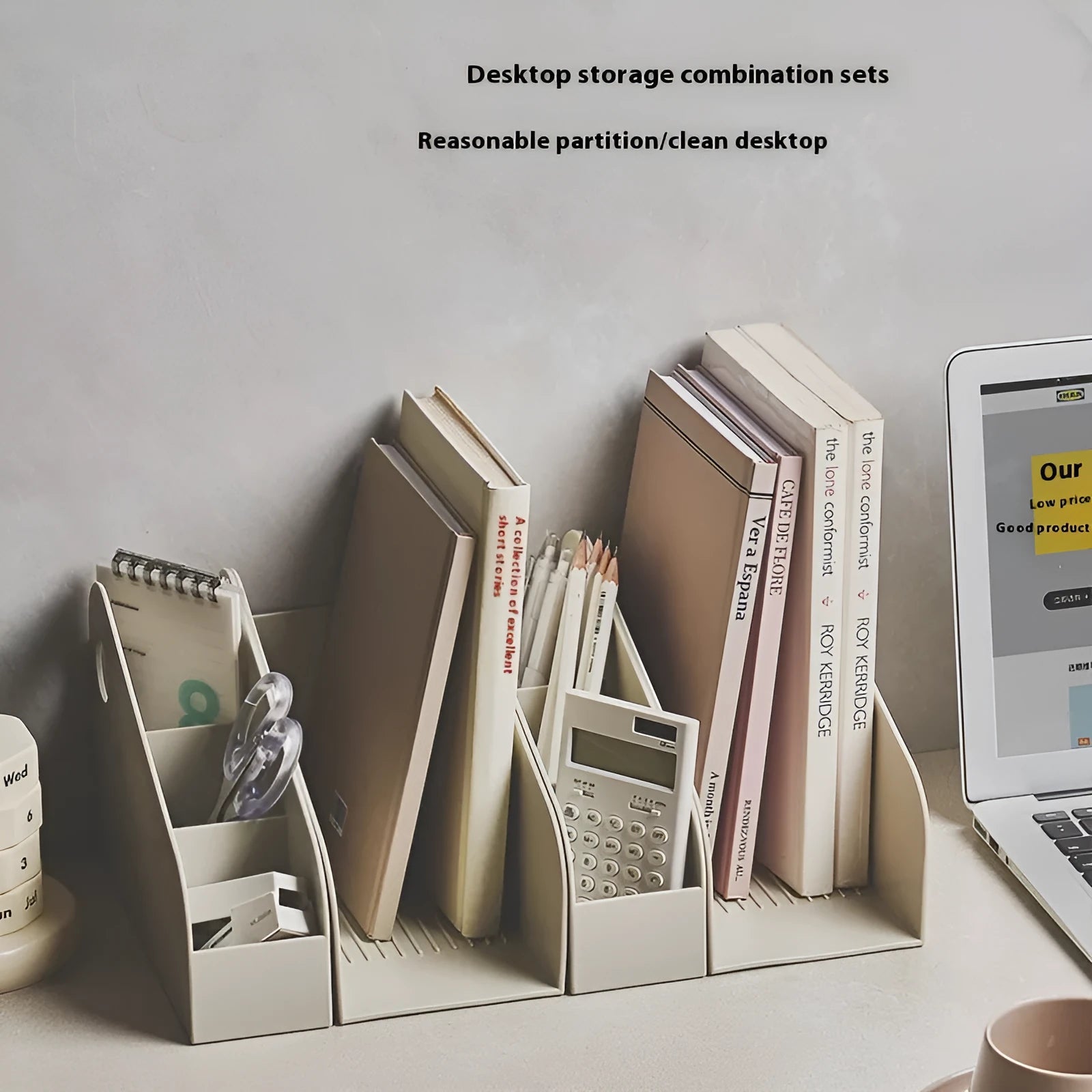 Plastic desktop storage box with two grid compartments in milk coffee colour
