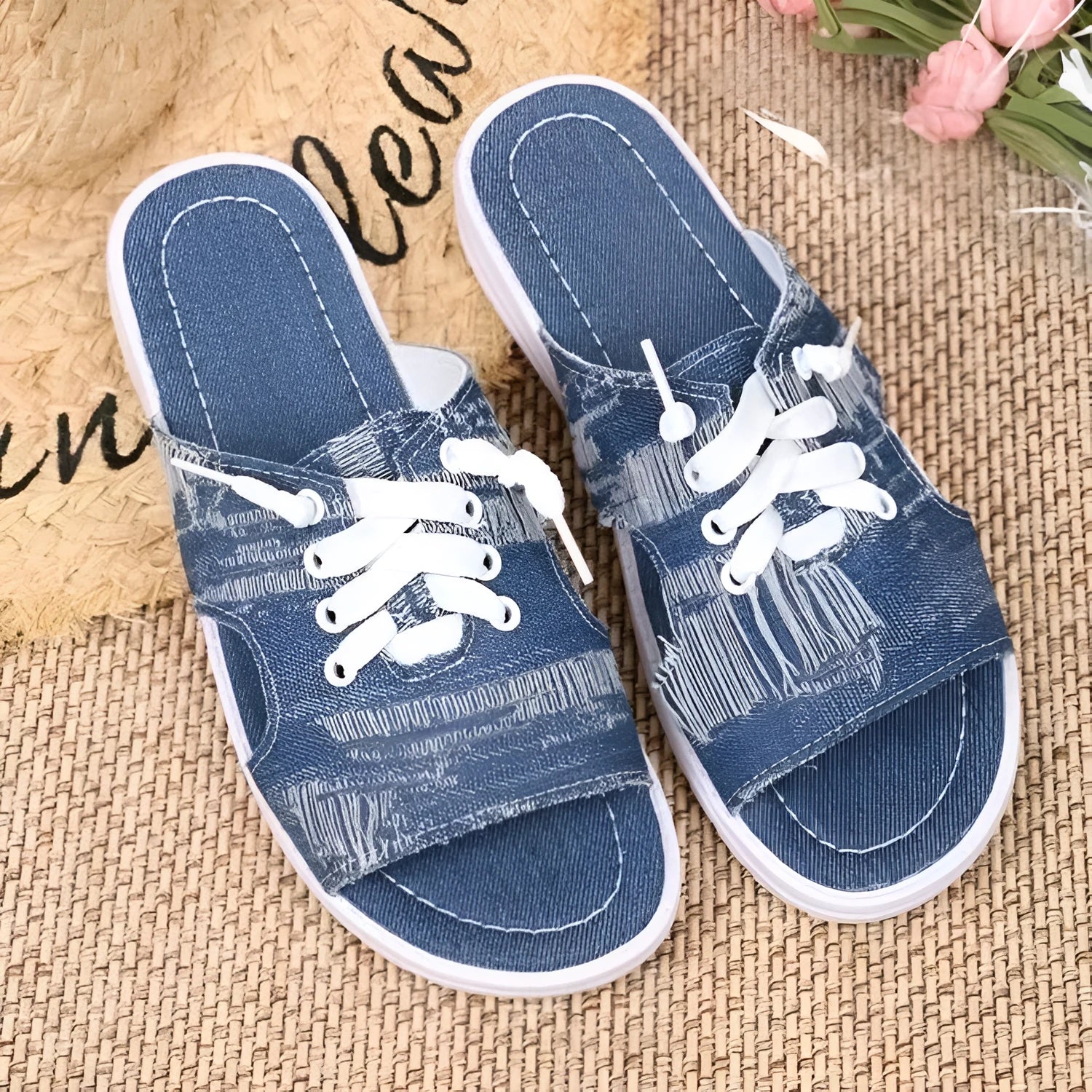 Blue women's Roman style canvas slippers with cloth upper and rubber sole in sizes 36-43
