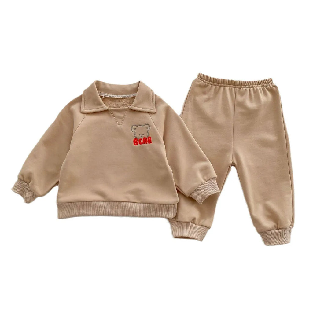 Baby Bear lapel sweater and pants two-piece set in cotton, sapphire blue or khaki beige, sizes 66cm to 100cm