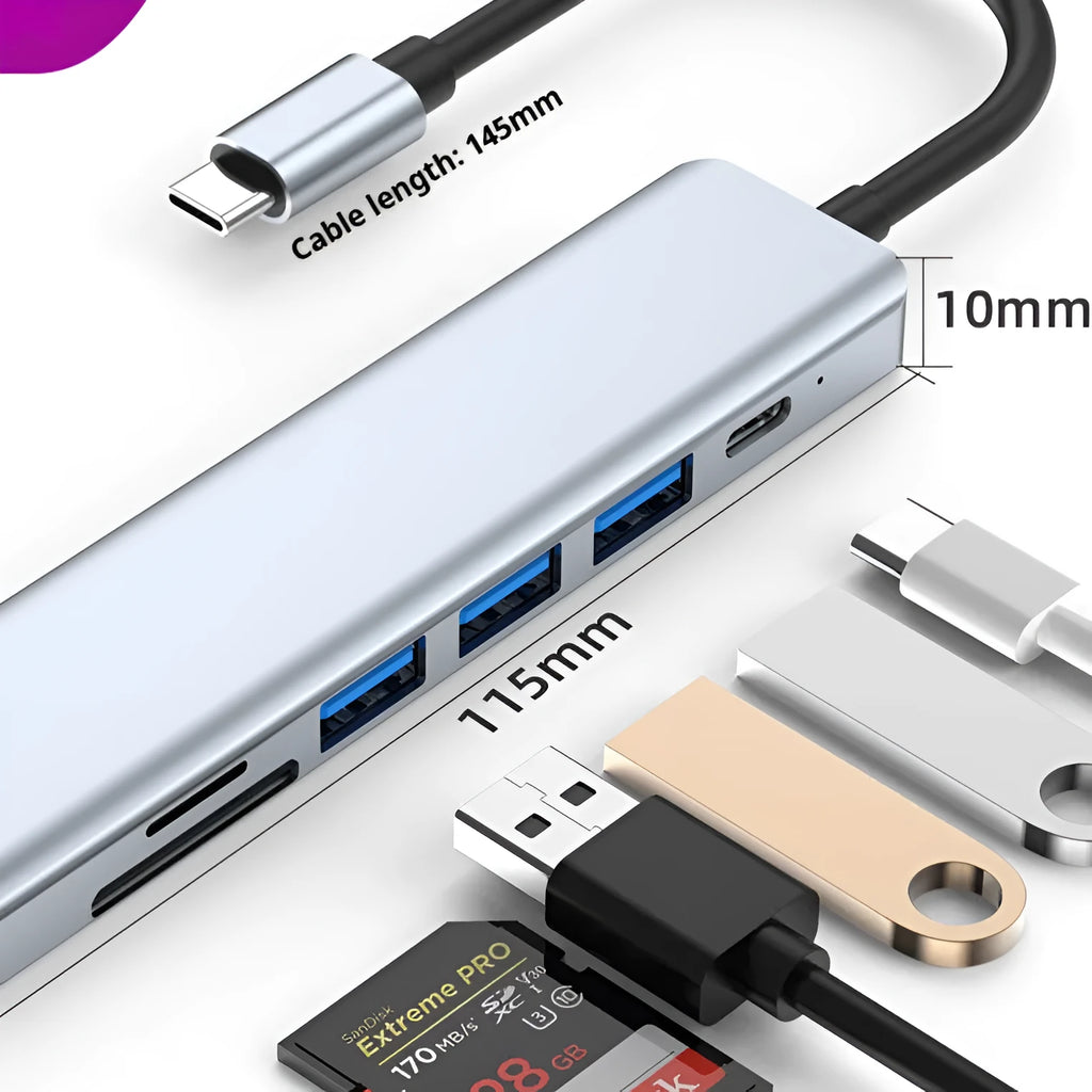 Seven-in-one Type-C USB expander hub with a short 0.145m cable on a white background.