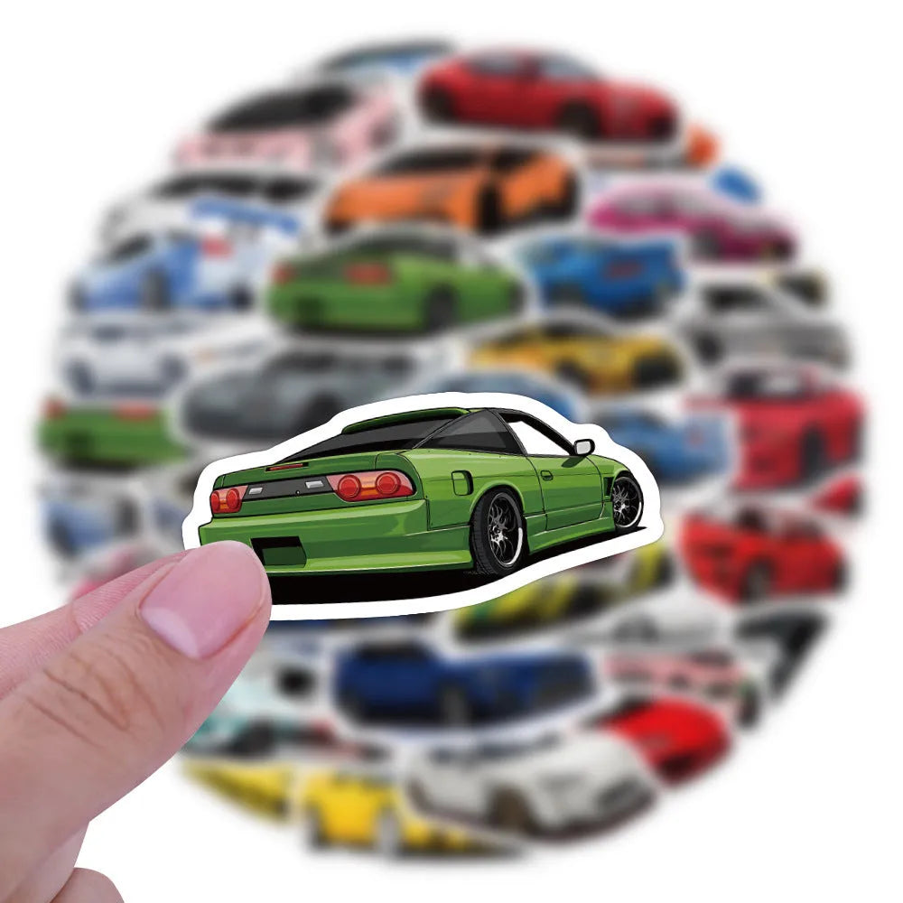 Set of 60 colourful sports car graffiti design stickers on a white background.