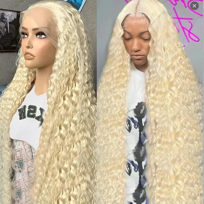 Women's front lace wig in long curly style with side bangs, small roll design, available in multiple colours and sizes