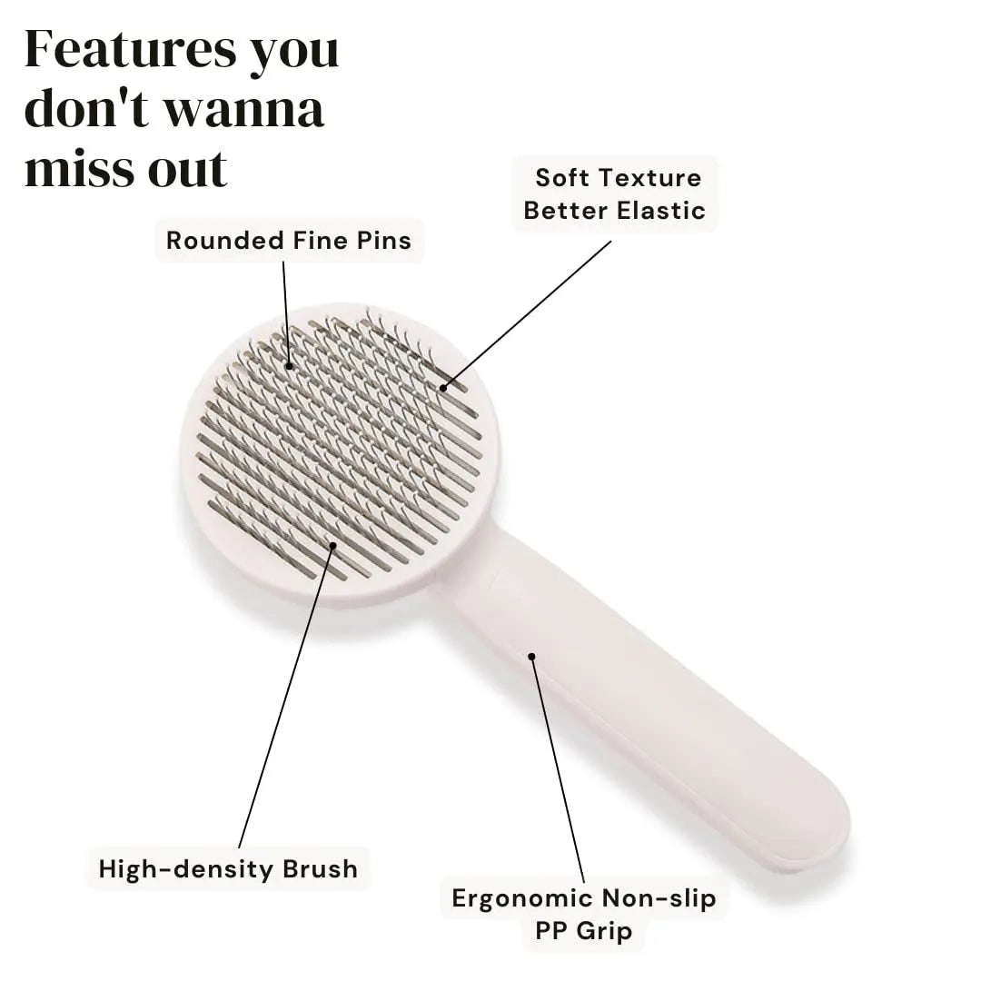 Blue self-cleaning slicker brush for dogs and cats with ergonomic rubber handle.