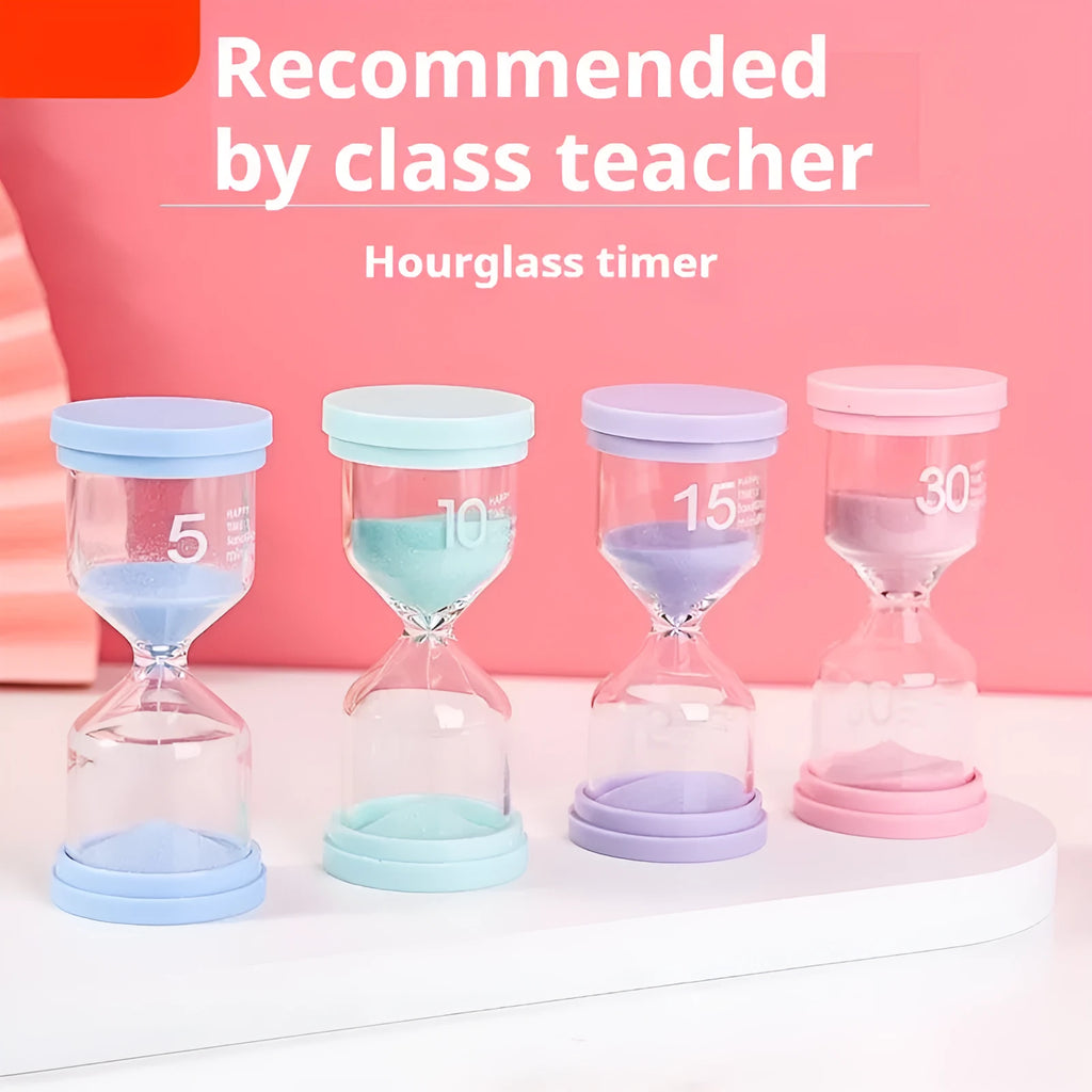 Handmade glass sand timer with blue sand, showing modern simplicity style on a desk.