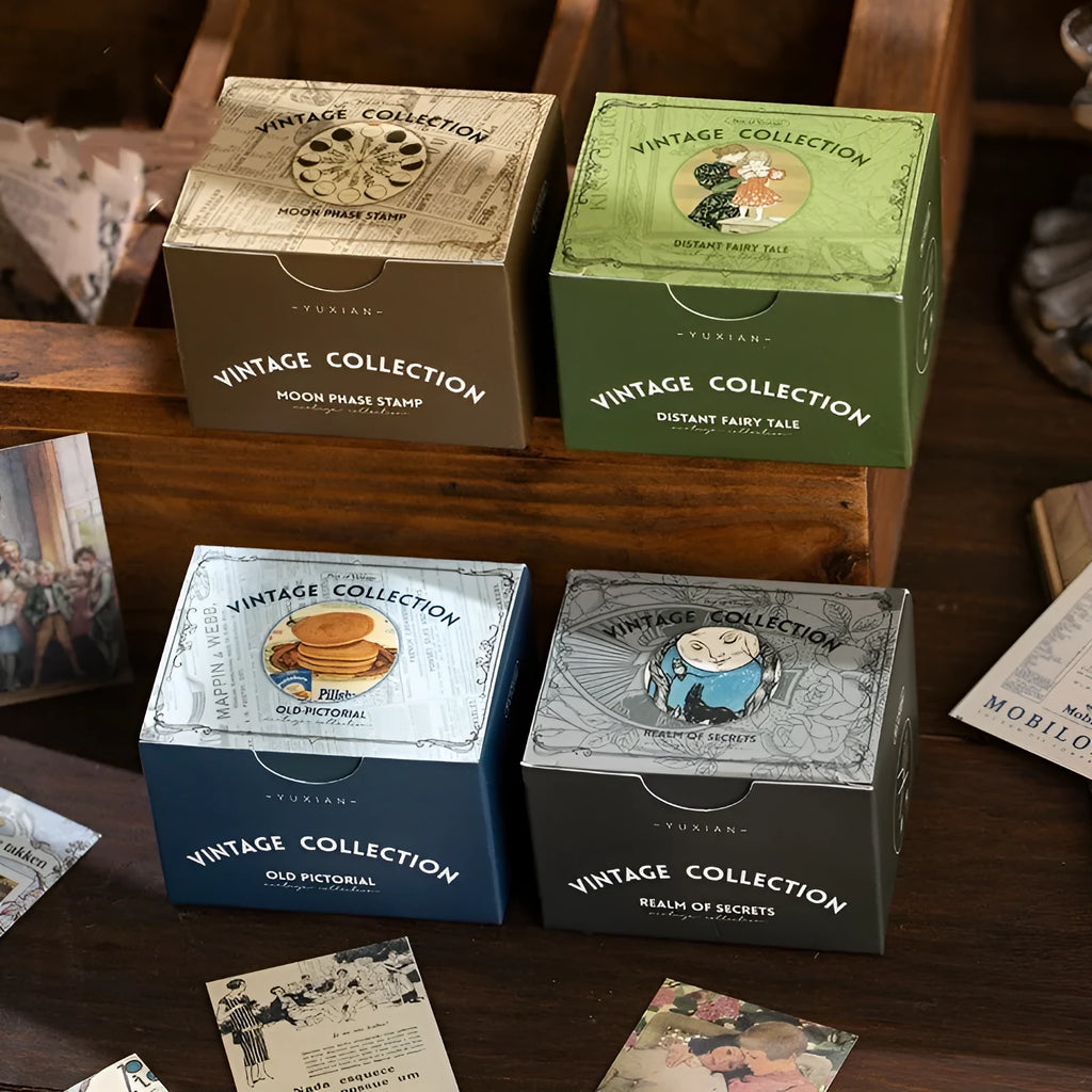 Box of 320 retro-style material stickers measuring 4cm by 6cm each on gummed paper.