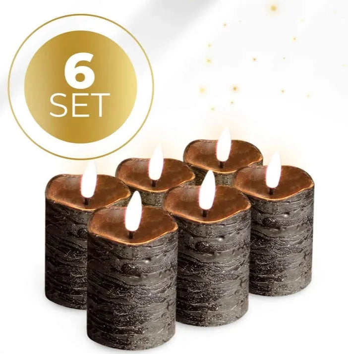Black S6 LED pillar candle with glowing flame effect, shown with dimensions 5 cm wide by 7 cm tall.