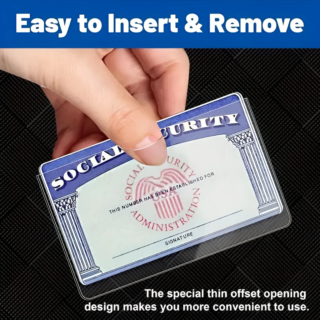 Transparent PVC ID card holder protecting social security card with measurements 9.7cm by 5.9cm