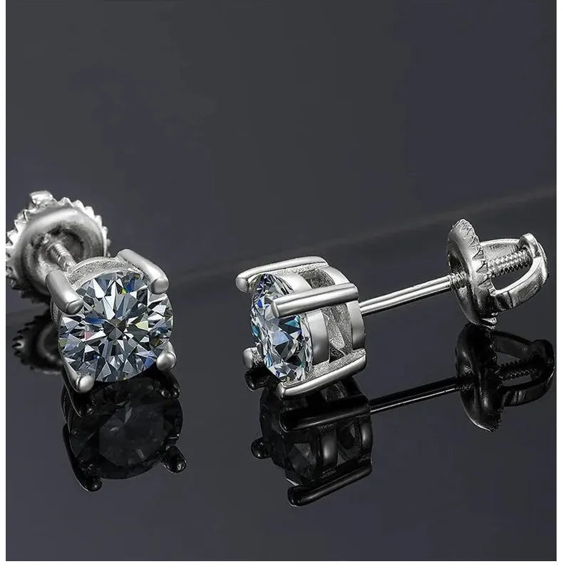 Silver geometric four claw stud earrings with moissanite stone and screw back fitting.