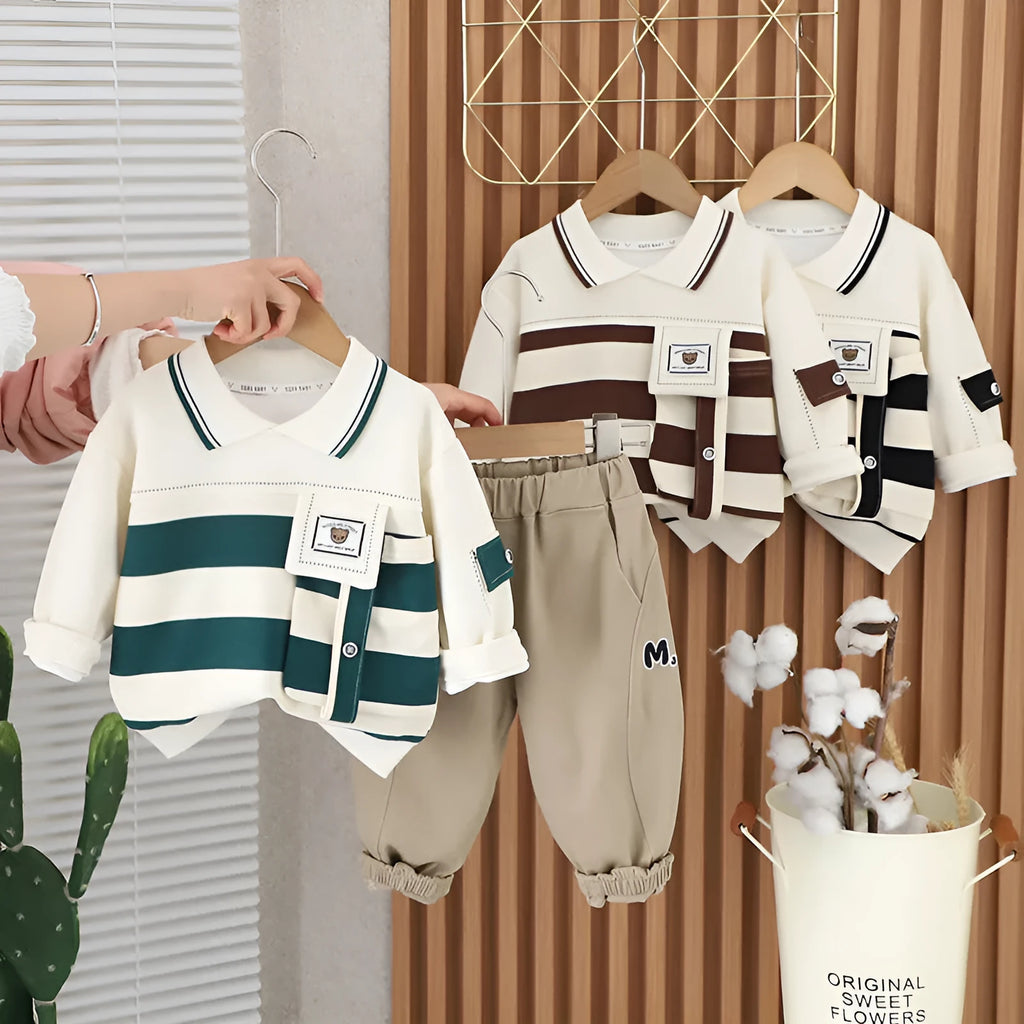 Boys and girls striped cotton two-piece suit set with large pocket and lapels in green, black, or brown