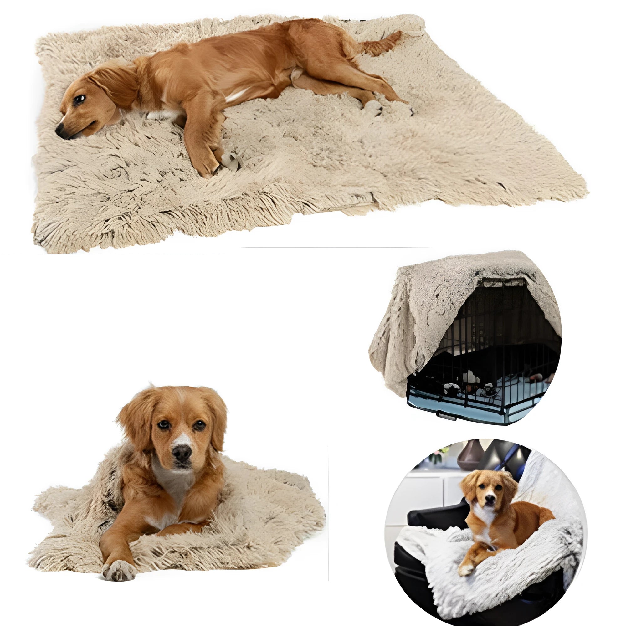 Soft long plush dog blanket in light grey, shown folded with size options S, M, L.