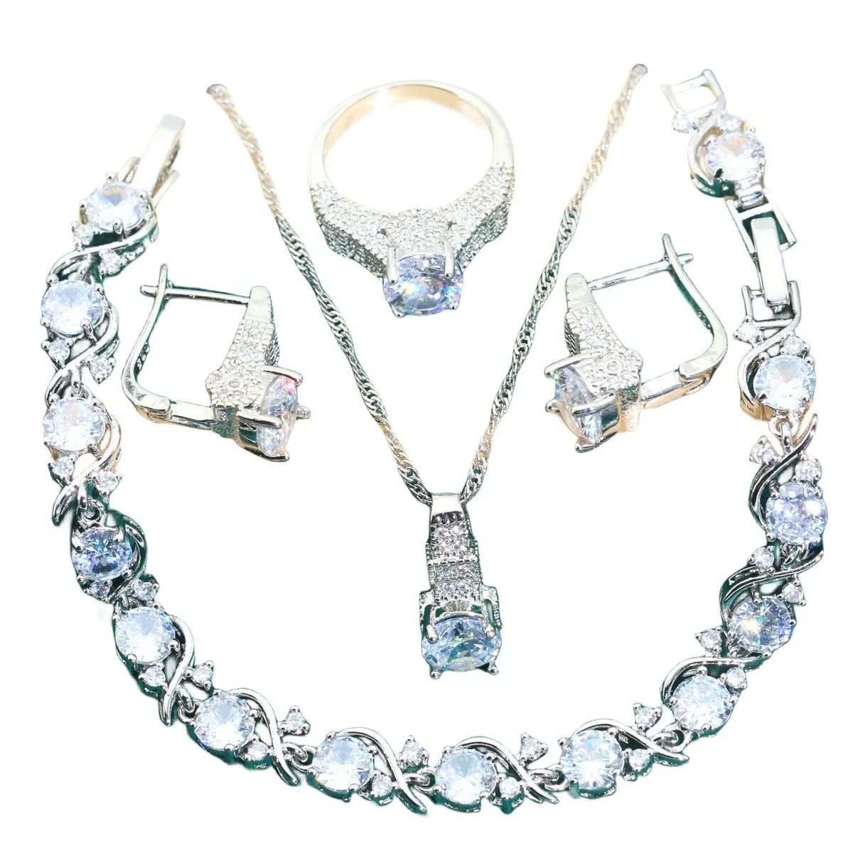 Bridal zircon four-piece jewellery set showing necklace, bracelet, earrings and ring in alloy with water wave chain