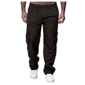 Men's loose multi-pocket cargo trousers in khaki with belted mid-waist and button front