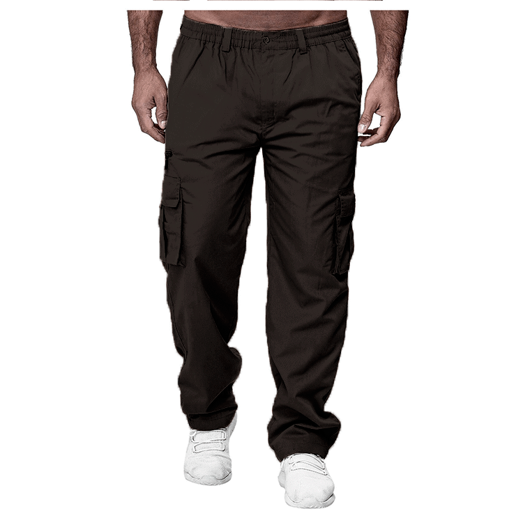 Men's loose multi-pocket cargo trousers in khaki with belted mid-waist and button front
