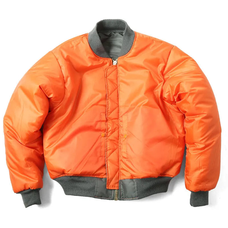 Men's loose fit army green cotton-padded pilot jacket on a hanger.
