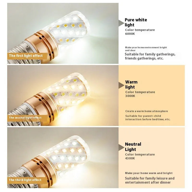 E14 E27 rechargeable LED screw bulb in 5W 7W 9W with warm white and three colour light options