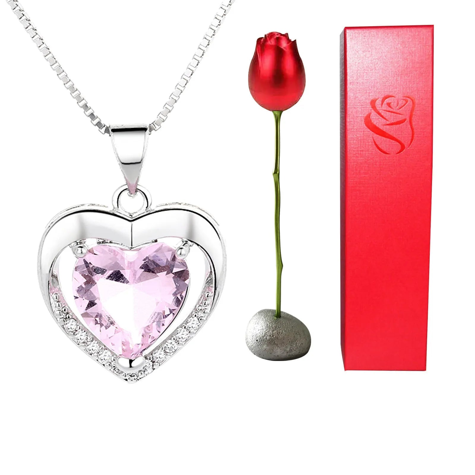 Heart-shaped crystal diamond rose pendant necklace in copper with electroplated finish, rose box packaging