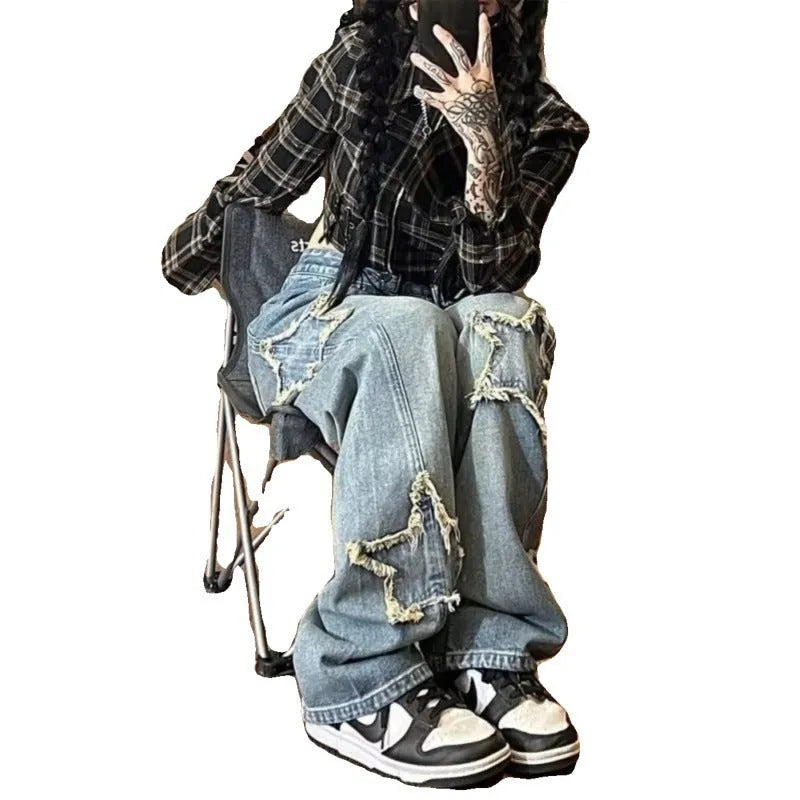Blue high-waist wide-leg denim jeans showing straight cut design on mannequin