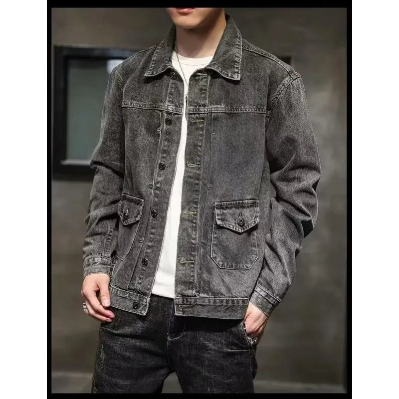 Black and gray Korean-style short denim coat jacket with side pockets and straight hem