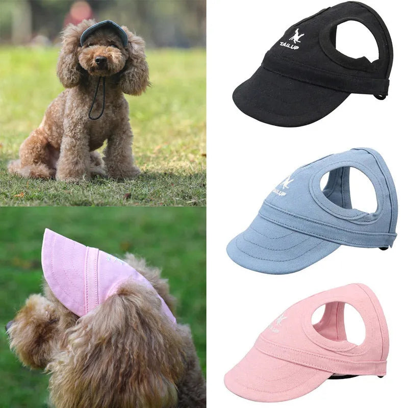 Canvas pet baseball cap for dogs and cats with adjustable buckle and Velcro, shown in black, blue, pink, and red