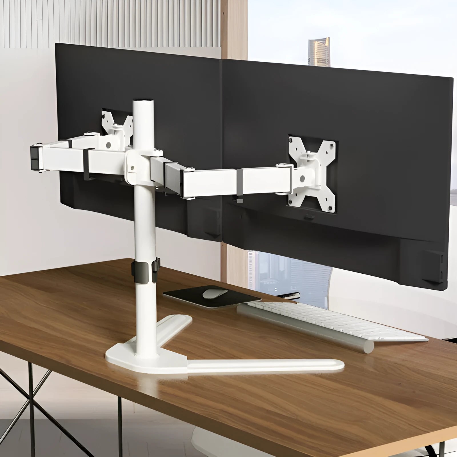 Dual-screen cold rolled steel monitor riser base bracket with lifting type mechanism in black