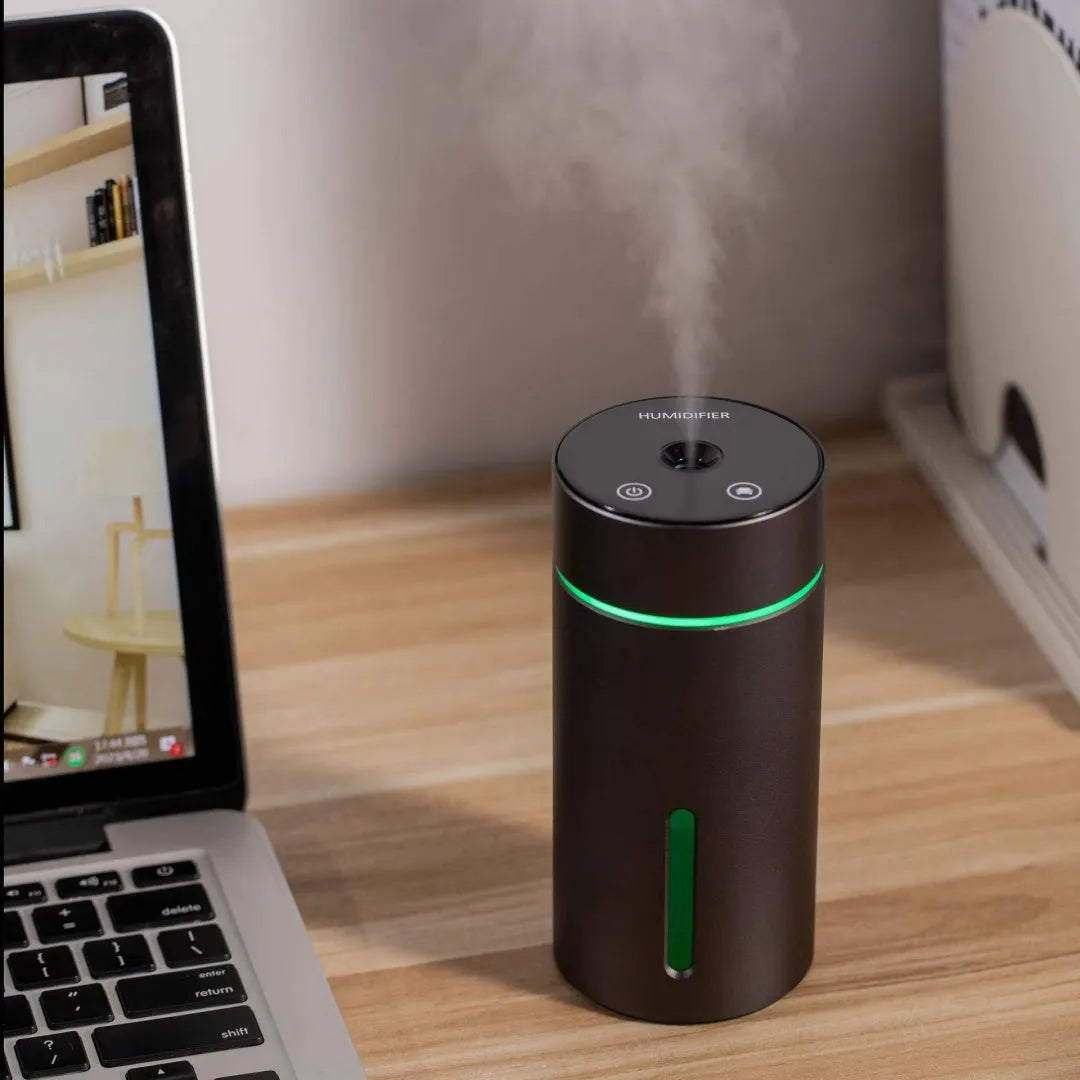 Black portable car air humidifier and essential oil diffuser with aluminium body and USB cable
