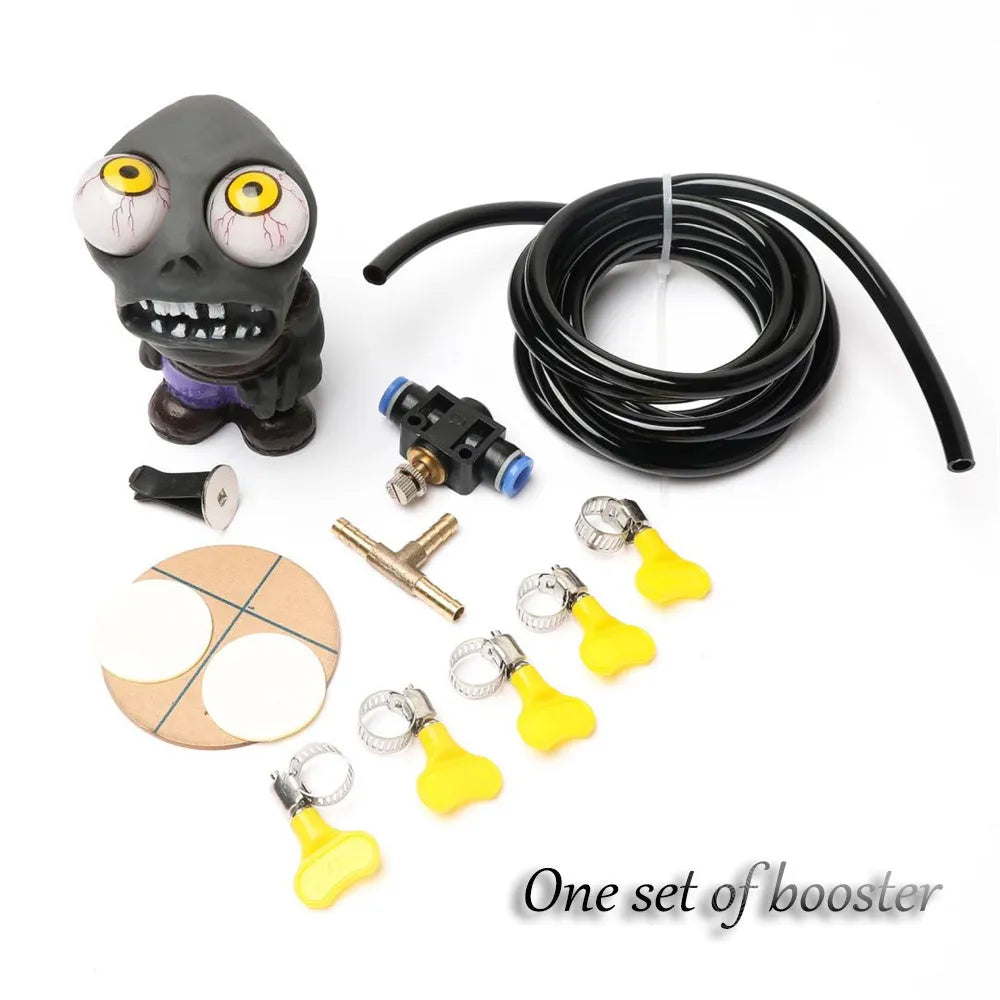 Car turbo Blow-Off Valve sound simulator kit with doll ornament, pressure valve, copper tube, and installation clips.