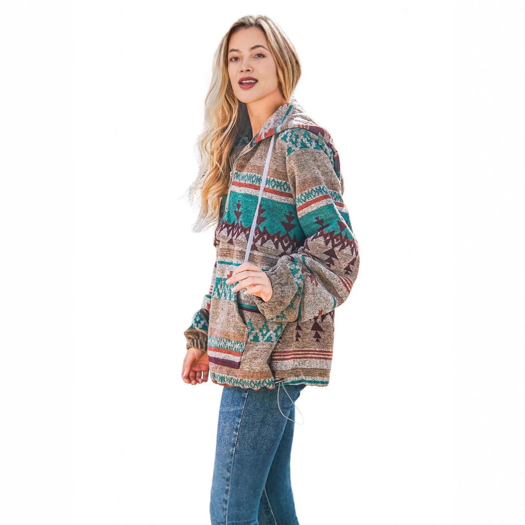 Women's retro fashion half-zip long sleeve sweatshirt with 3D digital print, loose fit pullover in polyester, front view