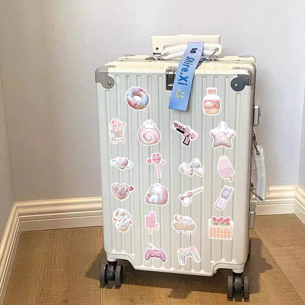 Close-up of realistic 3D decorative stickers showing pink girl and heart designs from a 63-piece set.