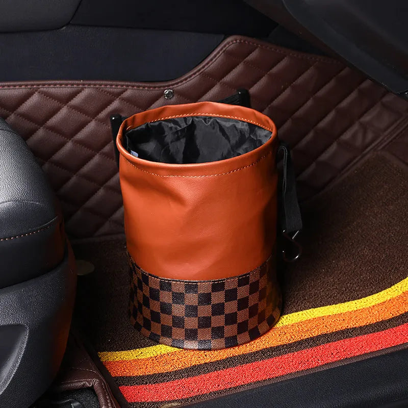 Leather folding car interior trash can shown in single colour option with handle