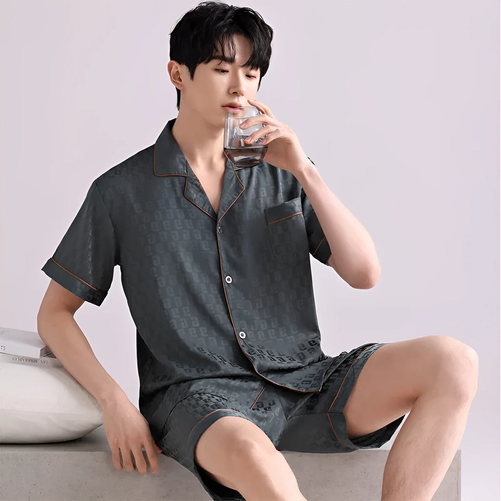 Men's light grey ice silk pajama set with cardigan top and shorts in satin jacquard pattern