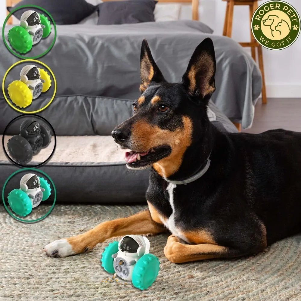 Robot-designed self-balancing dog treat dispenser toy for small pets showing dimensions