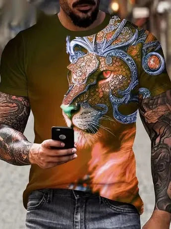 Men's grey T-shirt with a bold red 3D lion print on the chest.