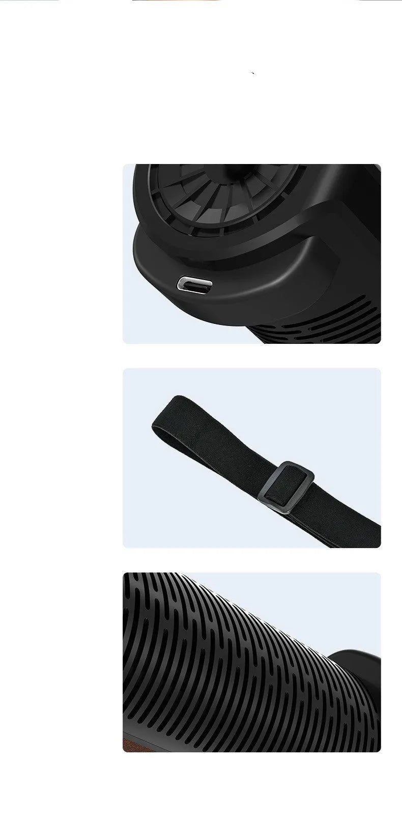 Black bladeless USB car fan with rear mount and ventilation grille