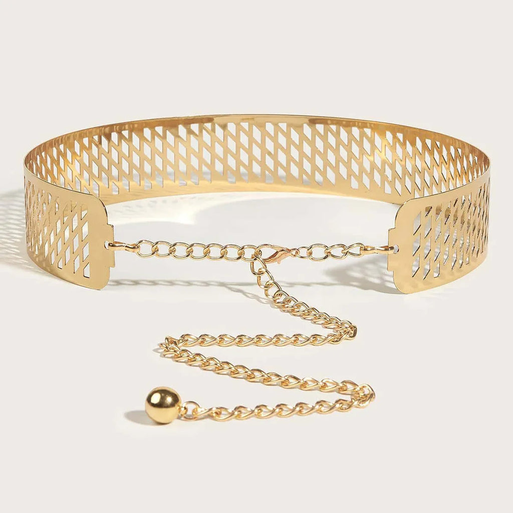 Gold thick waist belt with iron ring design, hook fastening, shown laid flat displaying full 105cm length.