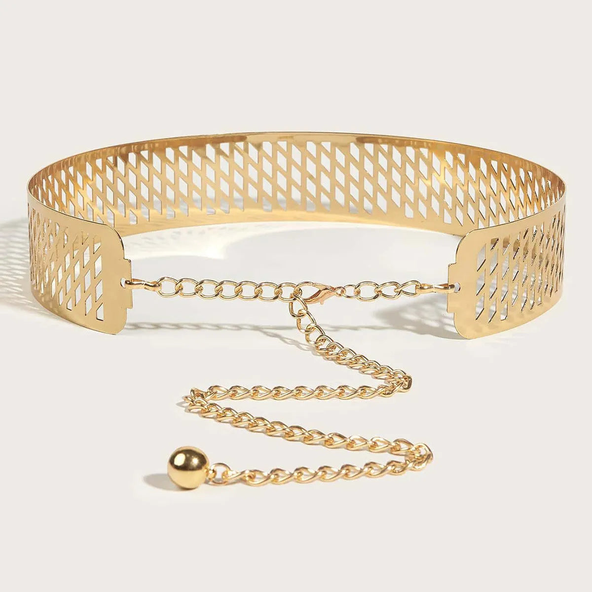 Gold thick waist belt with iron ring design, hook fastening, shown laid flat displaying full 105cm length.