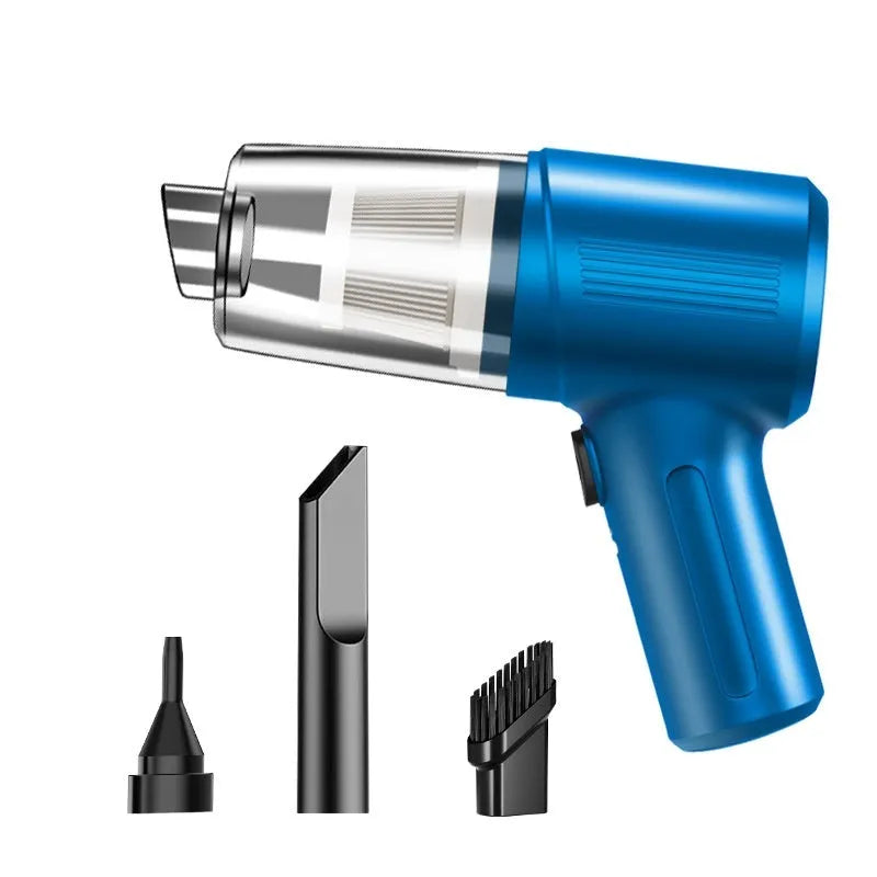 Black portable rechargeable car vacuum cleaner with suction nozzle and blowing nozzle on grey background