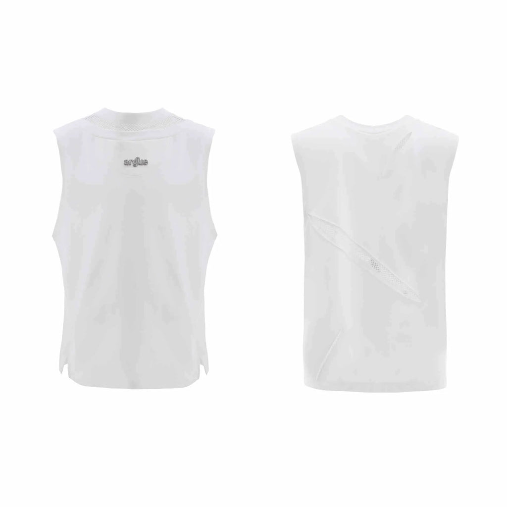 Hollow mesh sleeveless vest with metal decoration, washed cotton blend, slim fit, black grey white, Asian sizes L M XL