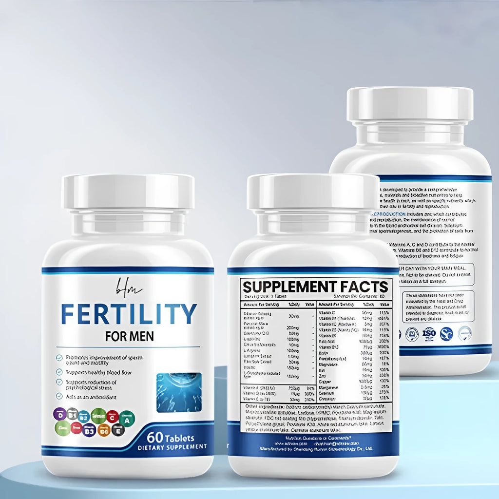 Bottle of 60 male fertility tablets with vitamin mineral amino acids formula.