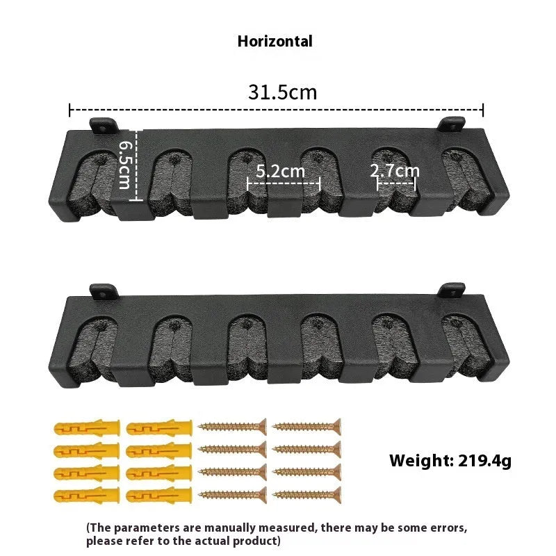 Black ABS plastic wall-mounted fishing rod holder with upright and horizontal storage options