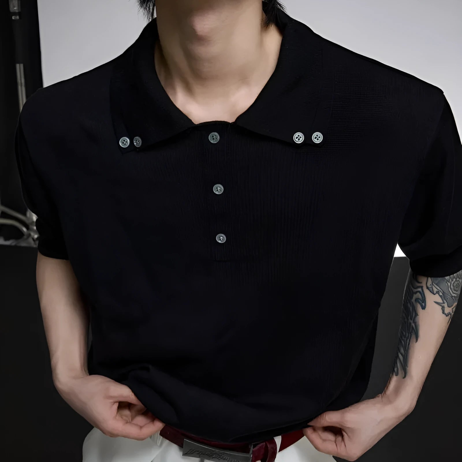 Men's slim knit polyester shirt with double collar lapel design in black, grey or white