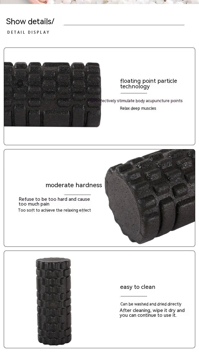 Hollow black EPP foam roller 33x14cm on a white background for Pilates and balance exercises
