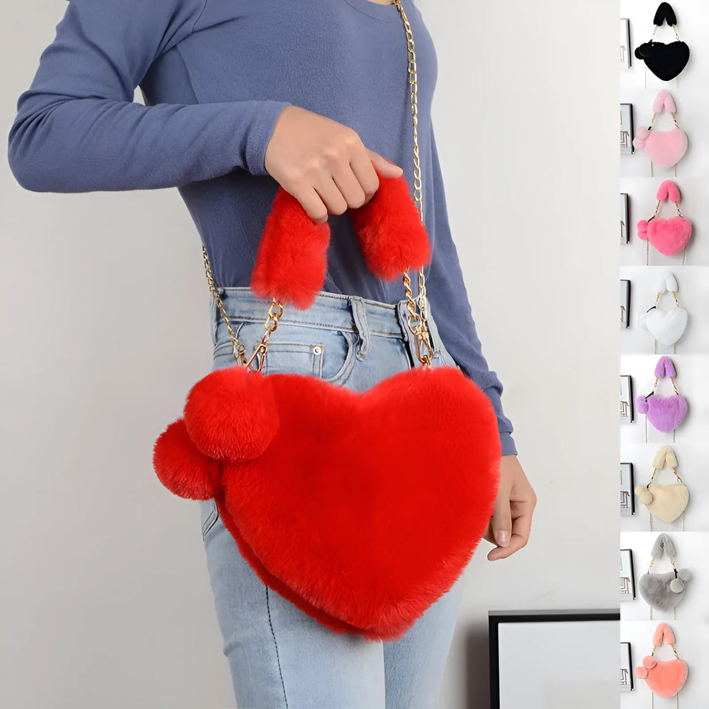 Love Bags soft plush heart-shaped handbag for women with detachable shoulder strap