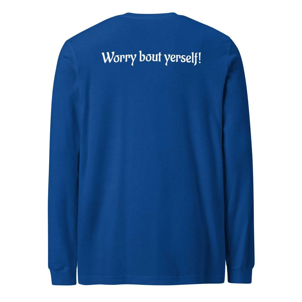 Men's blue polyester pullover sweater with printed letter patterns and round neck loose fit design