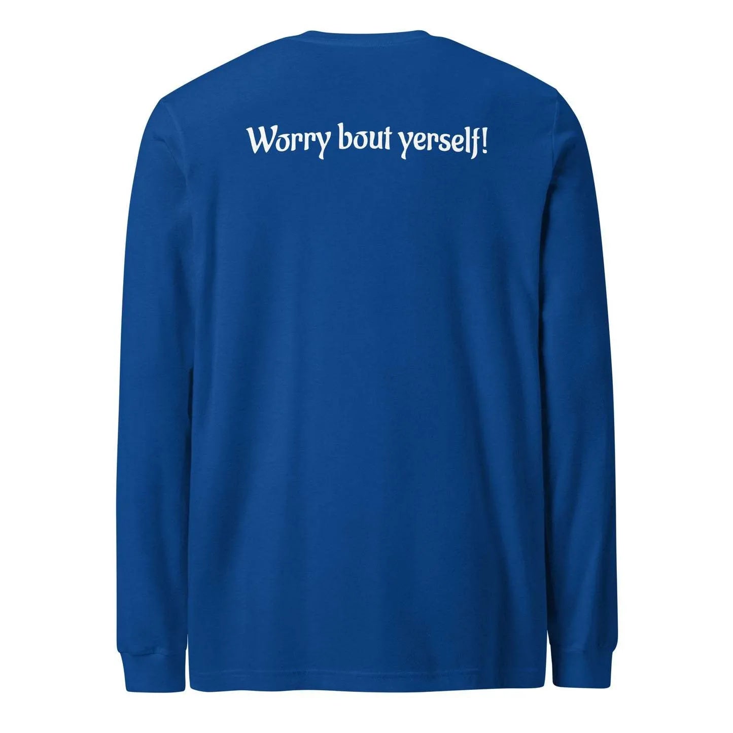 Men's blue polyester pullover sweater with printed letter patterns and round neck loose fit design