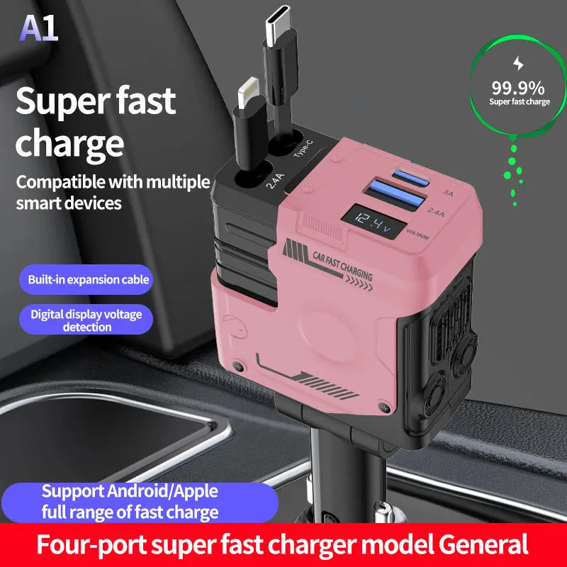 Car charger fast charging retractable four-in-one cigarette lighter with digital display in black