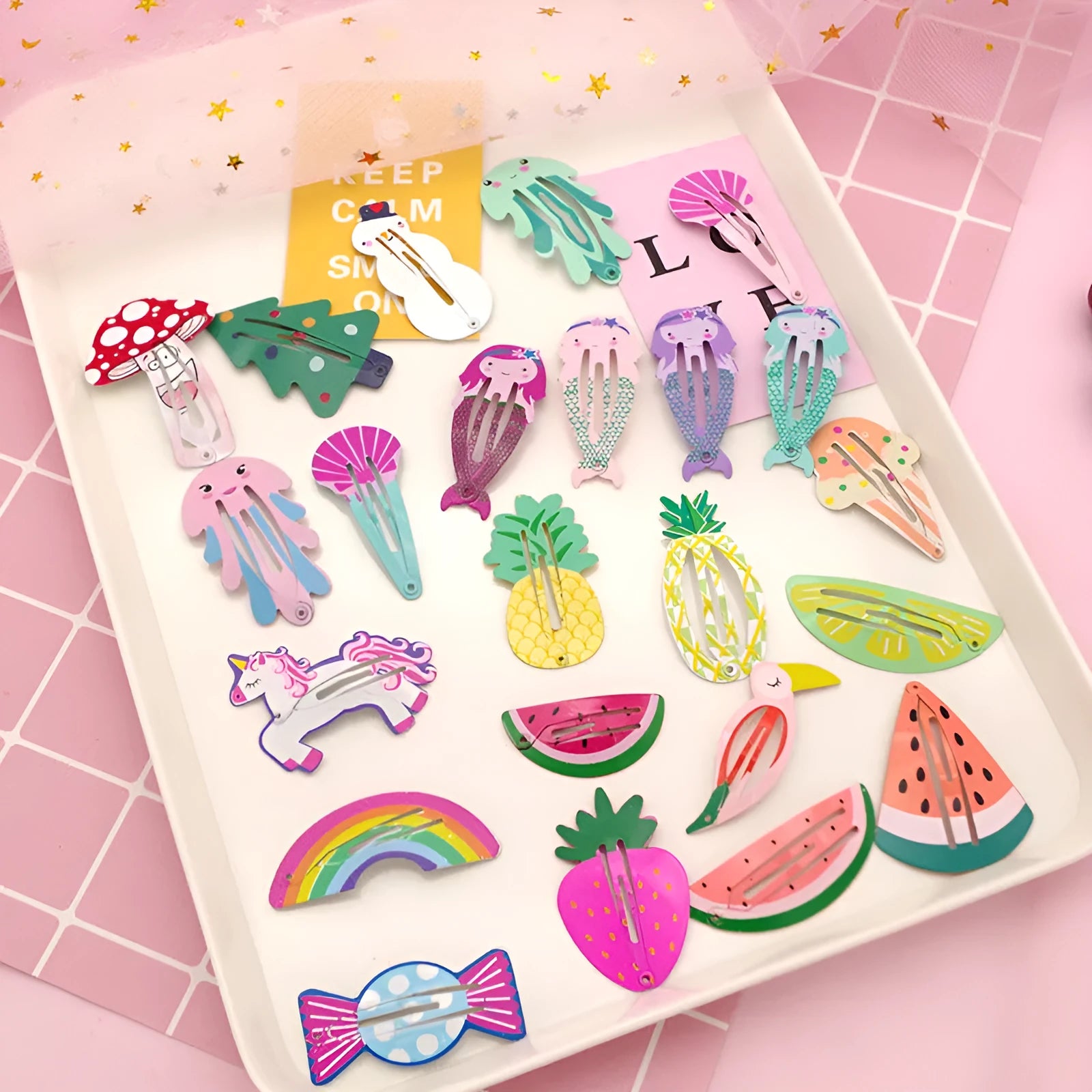 Children's metal hair barrette with colourful baked varnish watermelon and strawberry designs
